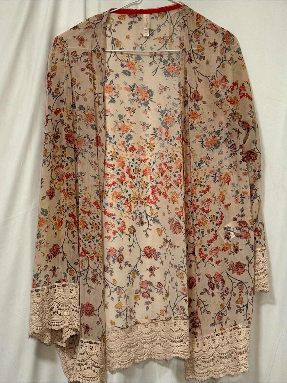 Xhilaration Sheer Floral Lace-Trim Kimono Robe - Cream Floral